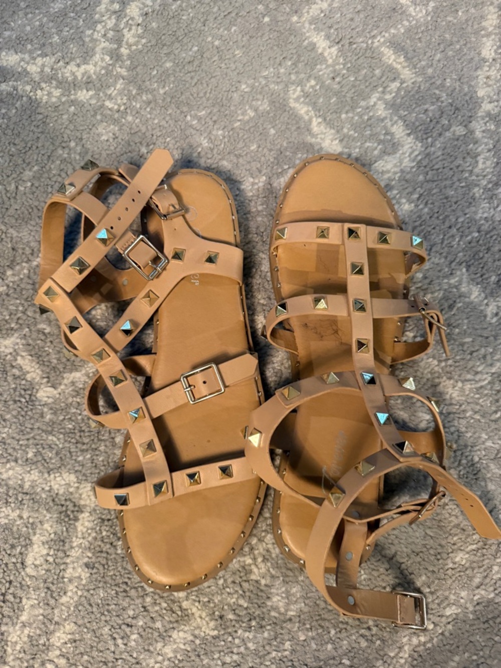 Studded Strappy Flat Sandals - Tan